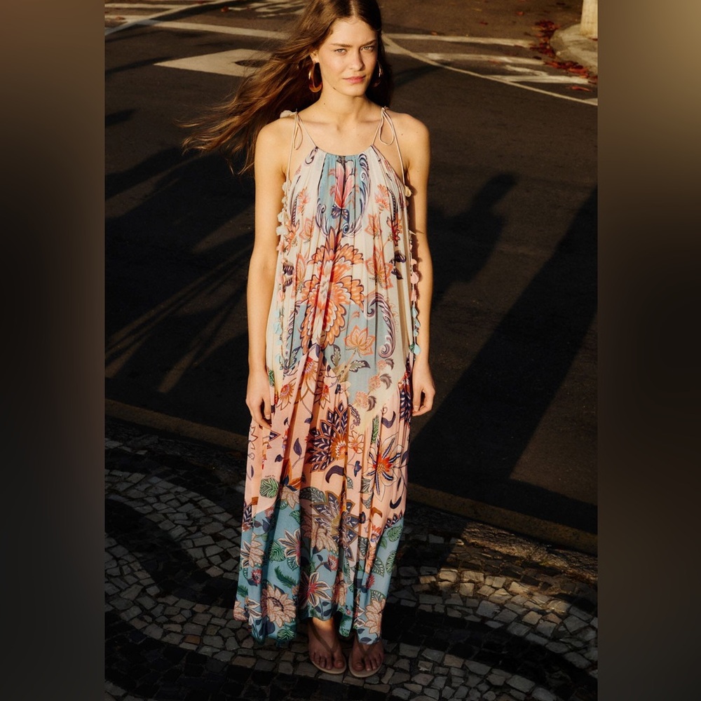Farm Rio Multicolor Boho Floral Delhi Pleated Maxi Dress XS